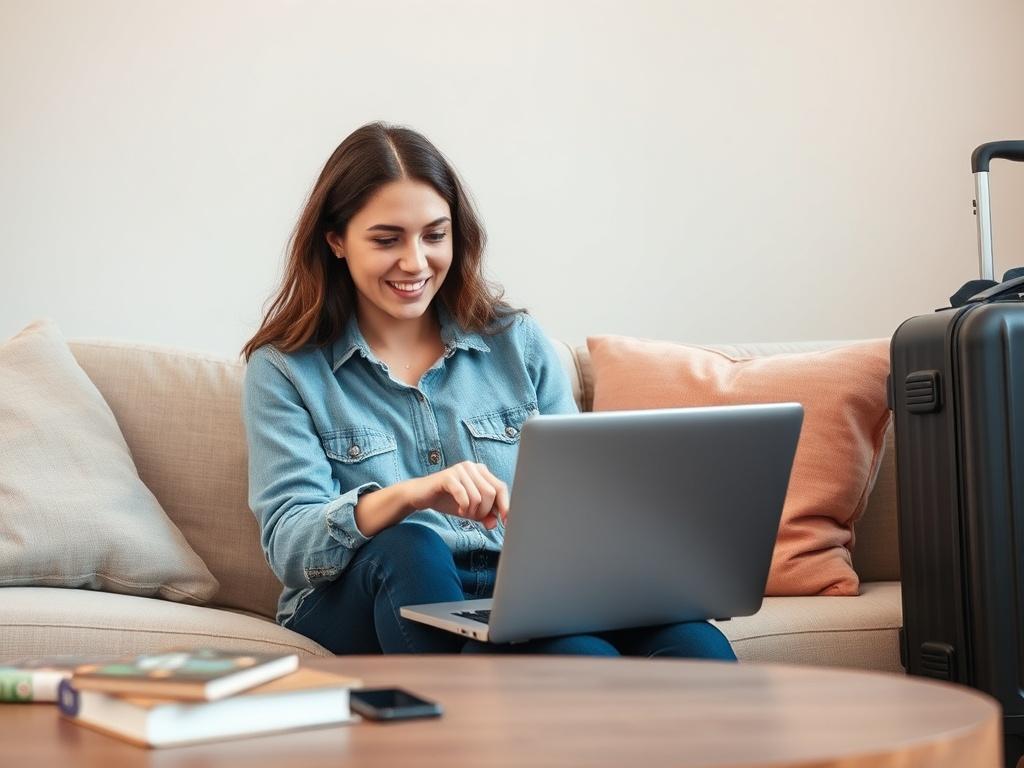 Create a realistic high-resolution photo reflecting the theme "Essential Tips for Booking Flights." The image should feature a single traveler, a young adult woman sitting on a cozy couch in a well-lit living room, engaged in the process of booking a flight on her laptop. She has an expression of focus and determination, indicating that she is learning how to book flights like a pro. 

The background should be clean and uncluttered, with soft, neutral tones to maintain simplicity. Include subtle details lik