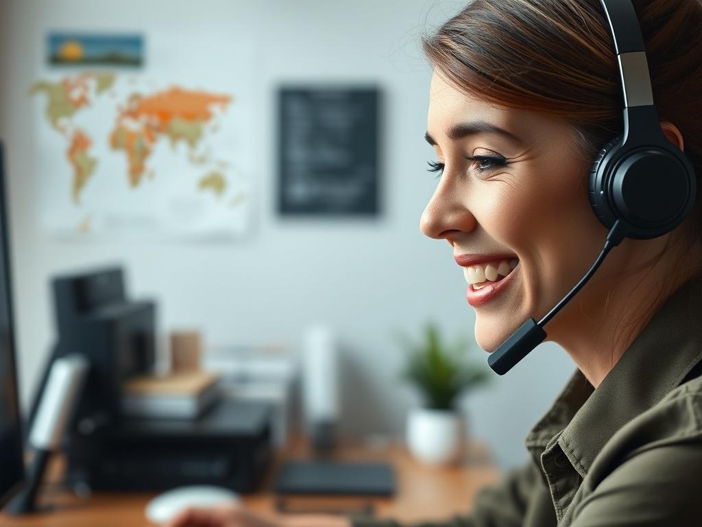 A close up of a friendly customer support agent wearing
