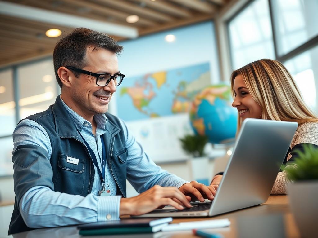 A close up of a travel agent assisting a customer